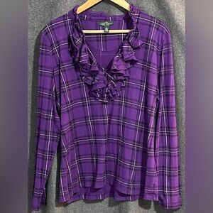 Lauren Ralph Lauren Purple Plaid Ruffle V-Neck Long Sleeve Top